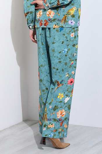 RANNA GILL_Green Linen Giana Jade Montana Print Pant _Online_at_Aza_Fashions