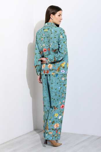 Shop_RANNA GILL_Green Linen Giana Jade Montana Print Pant _at_Aza_Fashions