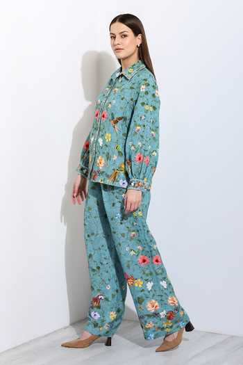 Buy_RANNA GILL_Green Linen Giana Jade Montana Print Pant _Online_at_Aza_Fashions