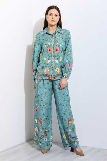 Buy_RANNA GILL_Green Linen Giana Jade Montana Print Pant _at_Aza_Fashions