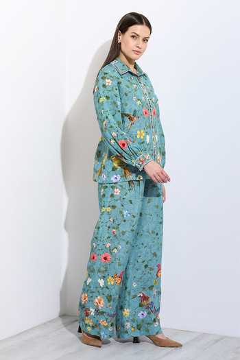 Shop_RANNA GILL_Green Linen Giana Jade Montana Print Pant _Online_at_Aza_Fashions