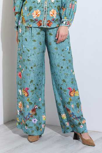 RANNA GILL_Green Linen Giana Jade Montana Print Pant _at_Aza_Fashions