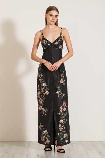 Buy_RANNA GILL_Black Crepe V-neck Saorsa Montana Print Slit Dress _Online_at_Aza_Fashions