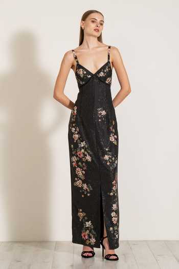 Shop_RANNA GILL_Black Crepe V-neck Saorsa Montana Print Slit Dress _Online_at_Aza_Fashions