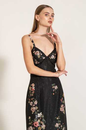 RANNA GILL_Black Crepe V-neck Saorsa Montana Print Slit Dress _at_Aza_Fashions
