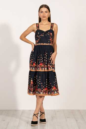 Buy_RANNA GILL_Multi Color Linen Sweetheart Neck Amelia Draped Strap Midi Dress _at_Aza_Fashions