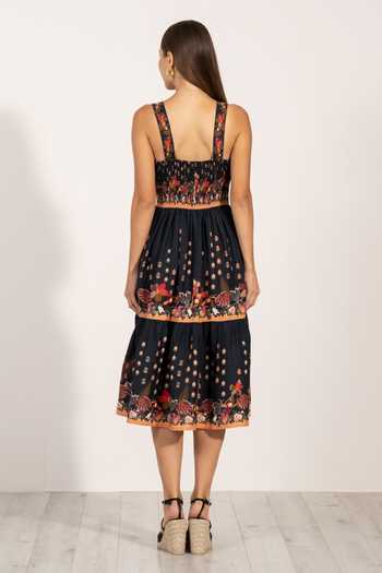 Shop_RANNA GILL_Multi Color Linen Sweetheart Neck Amelia Draped Strap Midi Dress _at_Aza_Fashions