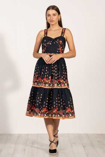 RANNA GILL_Multi Color Linen Sweetheart Neck Amelia Draped Strap Midi Dress _Online_at_Aza_Fashions