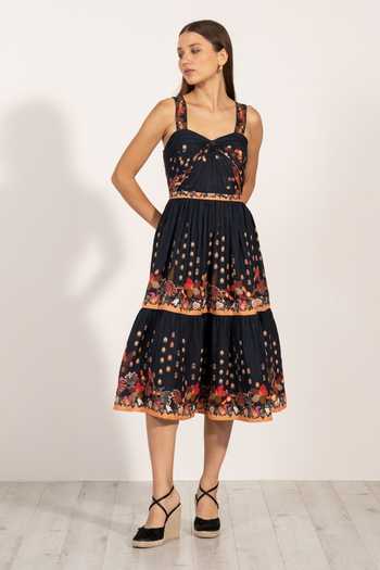 Buy_RANNA GILL_Multi Color Linen Sweetheart Neck Amelia Draped Strap Midi Dress _Online_at_Aza_Fashions