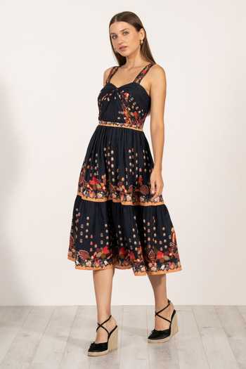 Shop_RANNA GILL_Multi Color Linen Sweetheart Neck Amelia Draped Strap Midi Dress _Online_at_Aza_Fashions