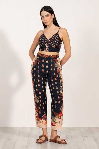 RANNA GILL_Multi Color Linen V-neck Elinor Pleated Bustier _at_Aza_Fashions