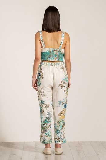 Shop_RANNA GILL_Green Linen, Viscose Glim Rara Teal Globe Print Pant _at_Aza_Fashions
