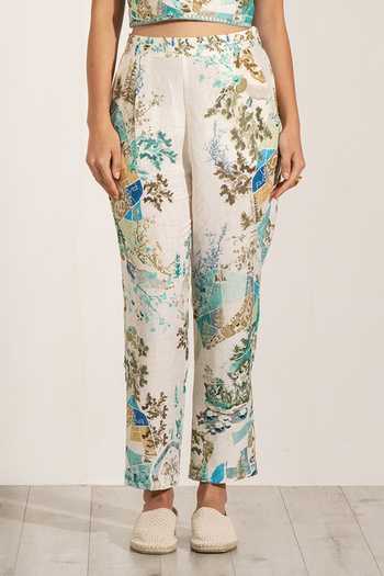 RANNA GILL_Green Linen, Viscose Glim Rara Teal Globe Print Pant _Online_at_Aza_Fashions