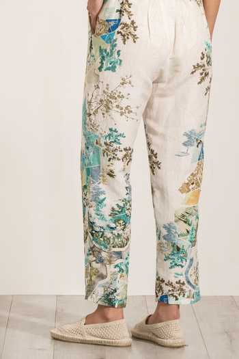 Buy_RANNA GILL_Green Linen, Viscose Glim Rara Teal Globe Print Pant _Online_at_Aza_Fashions