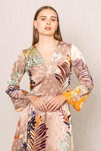 RANNA GILL_Multi Color Viscose, Jacquard V-neck Ken Diamond Panel Midi Dress _Online_at_Aza_Fashions