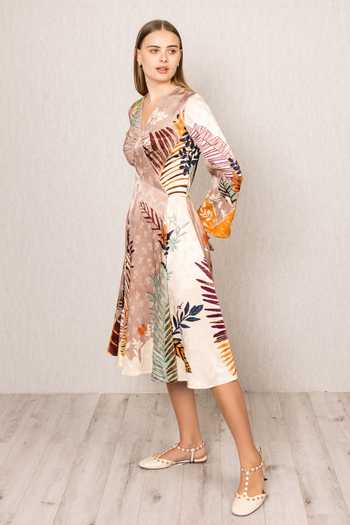 Buy_RANNA GILL_Multi Color Viscose, Jacquard V-neck Ken Diamond Panel Midi Dress _Online_at_Aza_Fashions