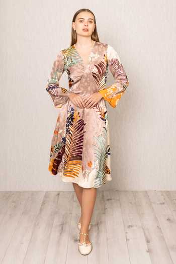 Buy_RANNA GILL_Multi Color Viscose, Jacquard V-neck Ken Diamond Panel Midi Dress _at_Aza_Fashions