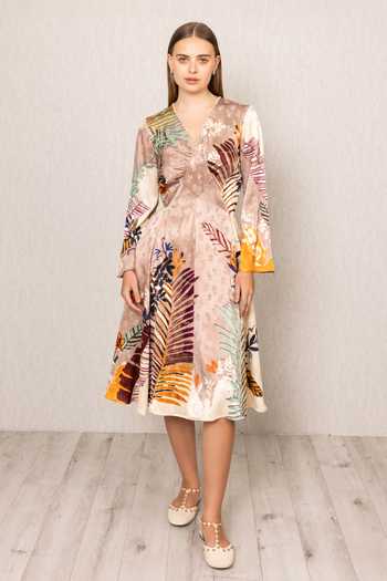 Shop_RANNA GILL_Multi Color Viscose, Jacquard V-neck Ken Diamond Panel Midi Dress _Online_at_Aza_Fashions