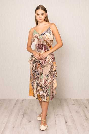 Buy_RANNA GILL_Multi Color Georgette, Viscose V-neck Lucy Ruffle Midi Dress _at_Aza_Fashions