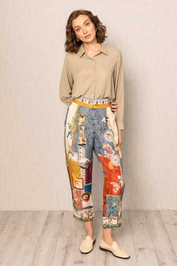 Buy_RANNA GILL_Multi Color Linen, Viscose Tina Santa Fe Print Pleated Rara Pant _at_Aza_Fashions