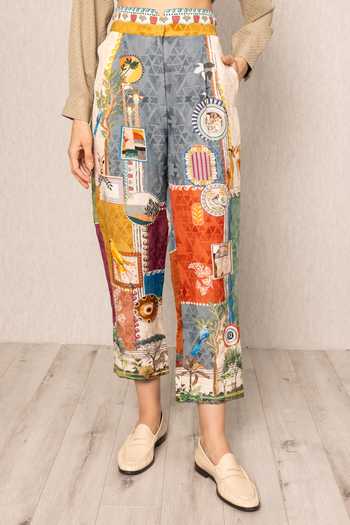 Buy_RANNA GILL_Multi Color Linen, Viscose Tina Santa Fe Print Pleated Rara Pant _Online_at_Aza_Fashions