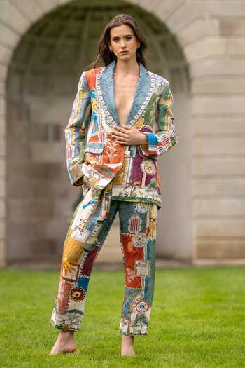 Shop_RANNA GILL_Multi Color Linen, Viscose Tina Santa Fe Print Pleated Rara Pant _at_Aza_Fashions