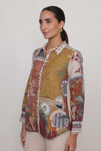 RANNA GILL_Multi Color Linen, Viscose Collared Neck Safari Mosaic Shirt _Online_at_Aza_Fashions