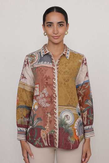 Buy_RANNA GILL_Multi Color Linen, Viscose Collared Neck Safari Mosaic Shirt _Online_at_Aza_Fashions