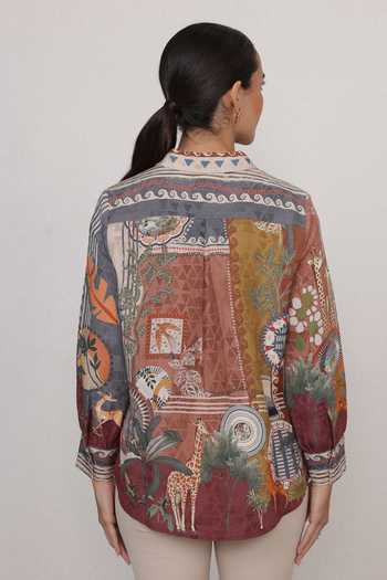 Shop_RANNA GILL_Multi Color Linen, Viscose Collared Neck Safari Mosaic Shirt _at_Aza_Fashions