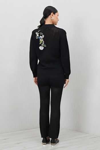 Shop_RANNA GILL_Black Knit V-neck Maaria Embroidered Shirt And Pant Co-ord Set _at_Aza_Fashions