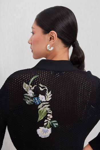 Buy_RANNA GILL_Black Knit V-neck Maaria Embroidered Shirt And Pant Co-ord Set _Online_at_Aza_Fashions