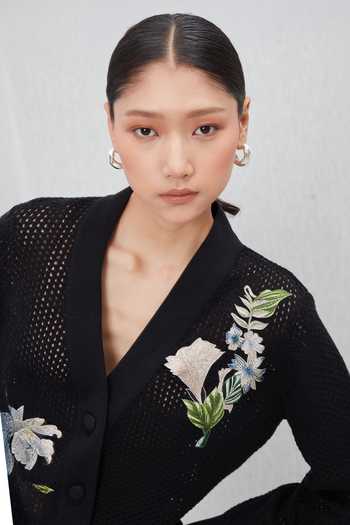 RANNA GILL_Black Knit V-neck Maaria Embroidered Shirt And Pant Co-ord Set _at_Aza_Fashions