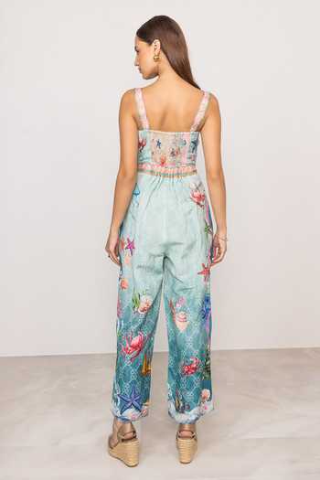 Shop_Ranna Gill_Multi Color Linen, Viscose Square Neck Marina Pleated Strap Jumpsuit _at_Aza_Fashions