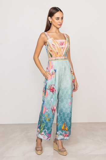 Ranna Gill_Multi Color Linen, Viscose Square Neck Marina Pleated Strap Jumpsuit _Online_at_Aza_Fashions