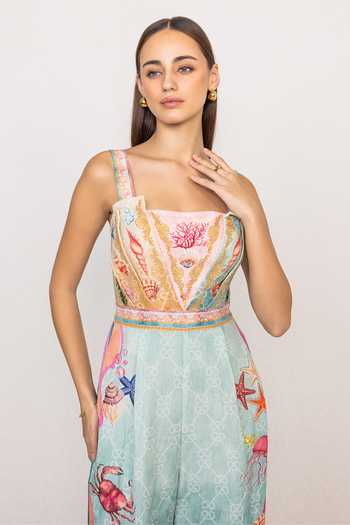 Buy_Ranna Gill_Multi Color Linen, Viscose Square Neck Marina Pleated Strap Jumpsuit _Online_at_Aza_Fashions