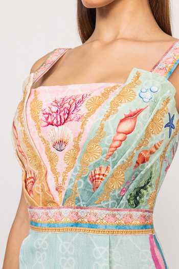 Ranna Gill_Multi Color Linen, Viscose Square Neck Marina Pleated Strap Jumpsuit _at_Aza_Fashions