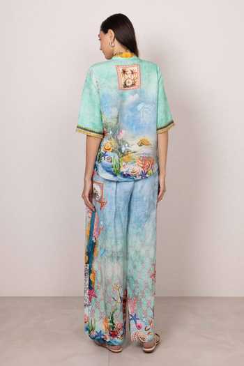 Shop_RANNA GILL_Multi Color Linen, Viscose Button-down Neck Asterina Down Shirt And Pant Set _at_Aza_Fashions