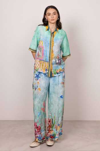 RANNA GILL_Multi Color Linen, Viscose Button-down Neck Asterina Down Shirt And Pant Set _Online_at_Aza_Fashions
