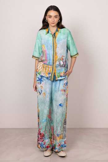 Buy_RANNA GILL_Multi Color Linen, Viscose Button-down Neck Asterina Down Shirt And Pant Set _at_Aza_Fashions