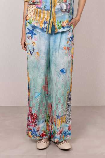 Buy_RANNA GILL_Multi Color Linen, Viscose Button-down Neck Asterina Down Shirt And Pant Set _Online_at_Aza_Fashions