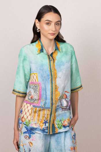 Shop_RANNA GILL_Multi Color Linen, Viscose Button-down Neck Asterina Down Shirt And Pant Set _Online_at_Aza_Fashions