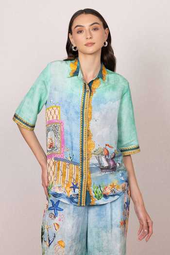 RANNA GILL_Multi Color Linen, Viscose Button-down Neck Asterina Down Shirt And Pant Set _at_Aza_Fashions