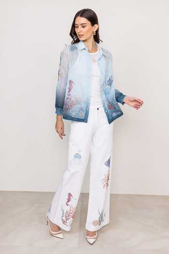 Ranna Gill_Blue Linen Collared Neck Orelli Button-down Shirt And Inner Set _Online_at_Aza_Fashions