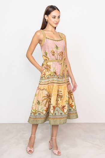 Buy_RANNA GILL_Multi Color Linen, Viscose Square Neck Hansel Braided Midi Dress _Online_at_Aza_Fashions