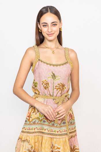 Shop_RANNA GILL_Multi Color Linen, Viscose Square Neck Hansel Braided Midi Dress _Online_at_Aza_Fashions