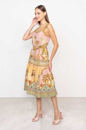 RANNA GILL_Multi Color Linen, Viscose Square Neck Hansel Braided Midi Dress _at_Aza_Fashions