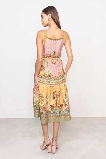 Shop_RANNA GILL_Multi Color Linen, Viscose Square Neck Hansel Braided Midi Dress _at_Aza_Fashions
