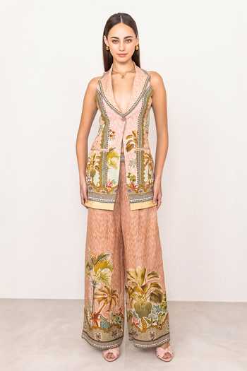 RANNA GILL_Multi Color Linen, Viscose V-neck, Collared Neck, Halter Alva Long Waistcoat _Online_at_Aza_Fashions