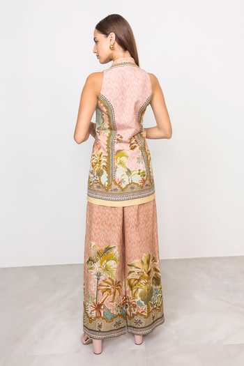 Shop_RANNA GILL_Multi Color Linen, Viscose V-neck, Collared Neck, Halter Alva Long Waistcoat _at_Aza_Fashions