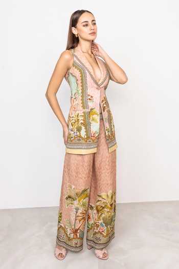 Buy_RANNA GILL_Multi Color Linen, Viscose V-neck, Collared Neck, Halter Alva Long Waistcoat _Online_at_Aza_Fashions